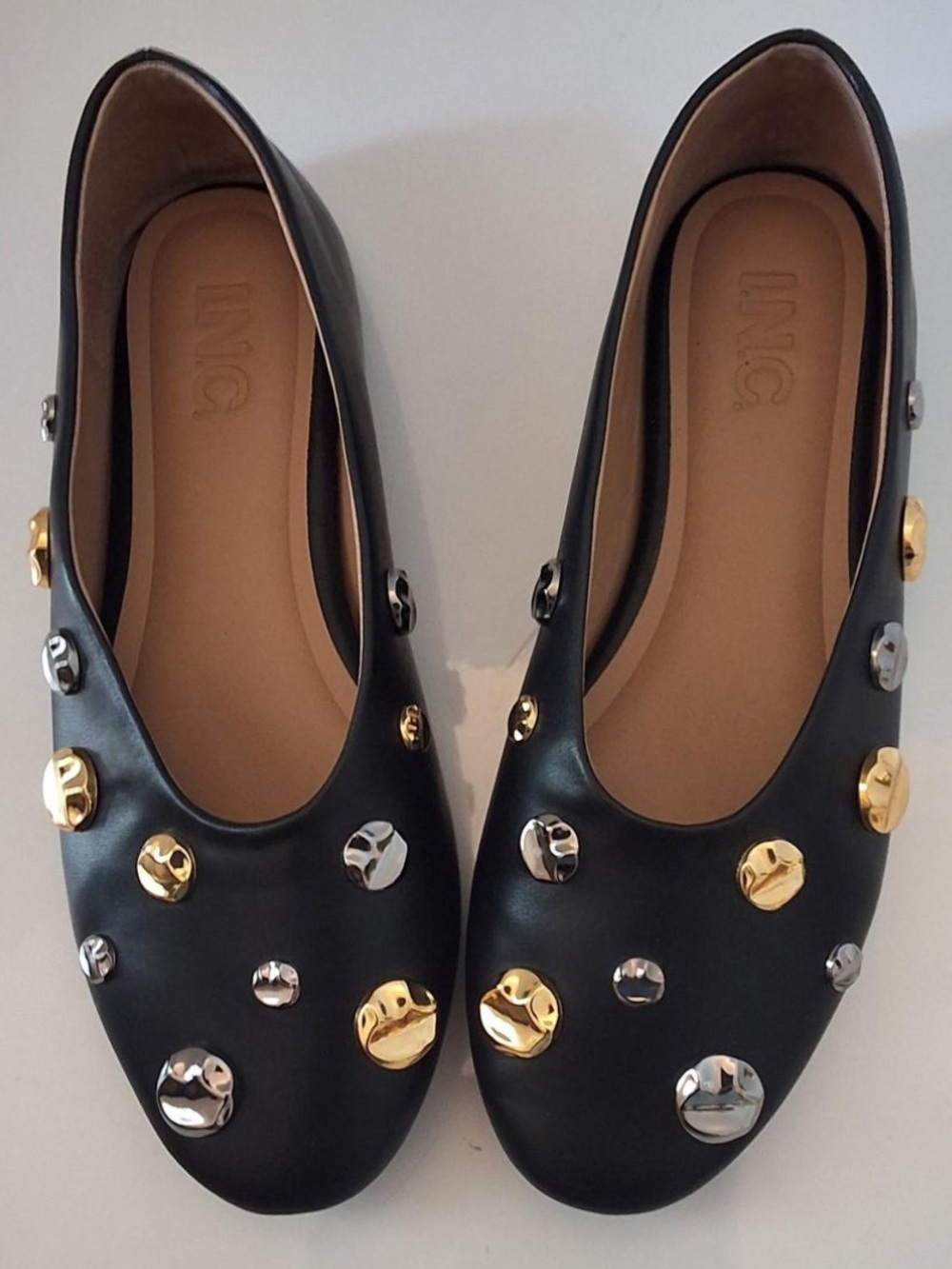 INC International Concepts Black Ballet Flats with Gold and Silver Studs